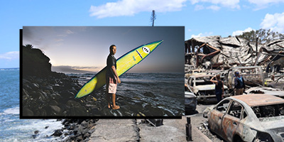 Yuri Soledade com prancha de surf em uma foto. E o incêndio de Lahaina na outra foto